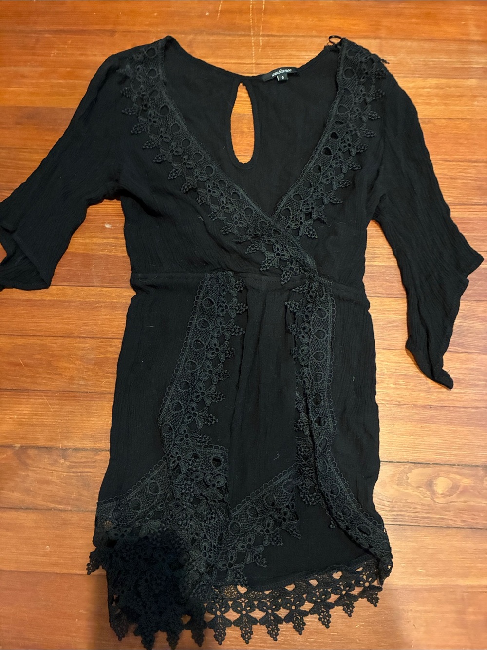 Ambiance Black Crochet-Trim Mini Wrap Dress
